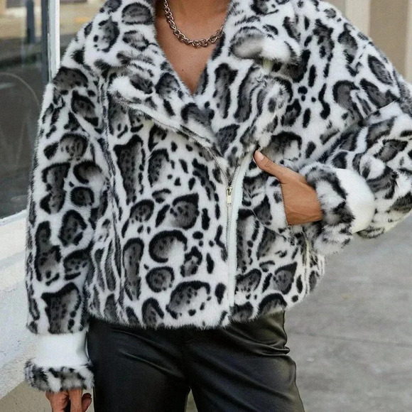 Black And White Casual Women's Leopard Print Fuzzy Fluffy Turndown Jacket - Picture 4 of 6
